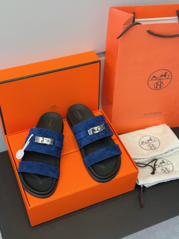 Hermes H Metal Buckle Cowhide Leather Outsole Men's Slippers - Image 2