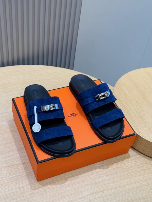 Hermes H Metal Buckle Cowhide Leather Outsole Men's Slippers - Image 4