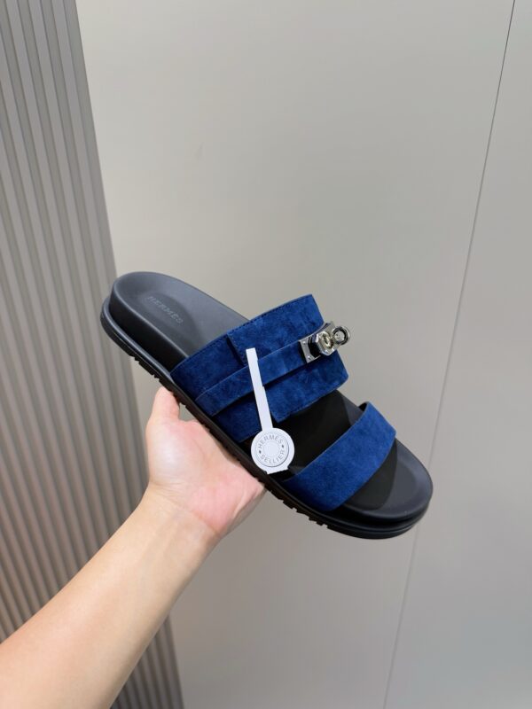 Hermes H Metal Buckle Cowhide Leather Outsole Men's Slippers - Image 5