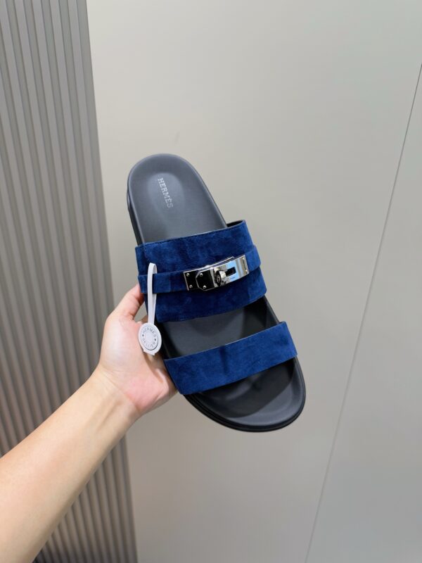 Hermes H Metal Buckle Cowhide Leather Outsole Men's Slippers - Image 6