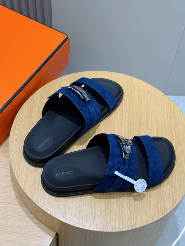 Hermes H Metal Buckle Cowhide Leather Outsole Men's Slippers - Image 7
