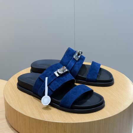 Hermes H Metal Buckle Cowhide Leather Outsole Men's Slippers