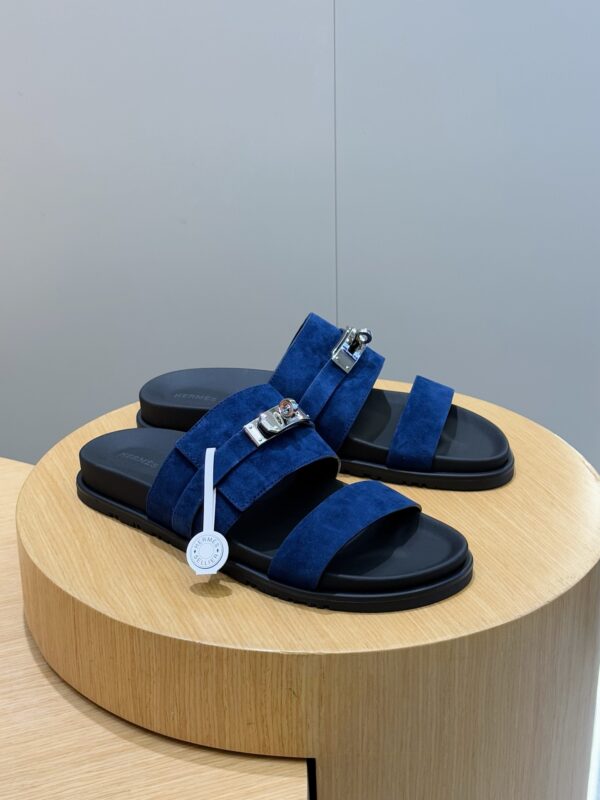 Hermes H Metal Buckle Cowhide Leather Outsole Men's Slippers