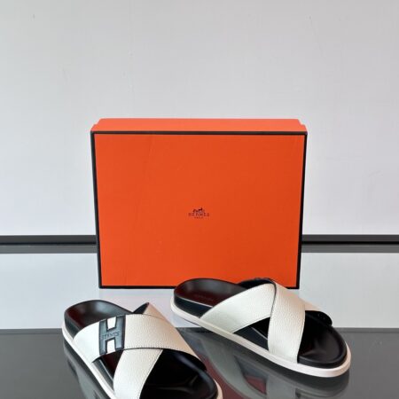 Hermes High End Cowhide Leather Molded Large Soled Men's Slippers