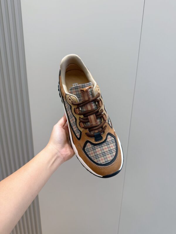 Burberry Vintage Plaid And Cowhide Leather Thick Soled Sneakers - Image 4
