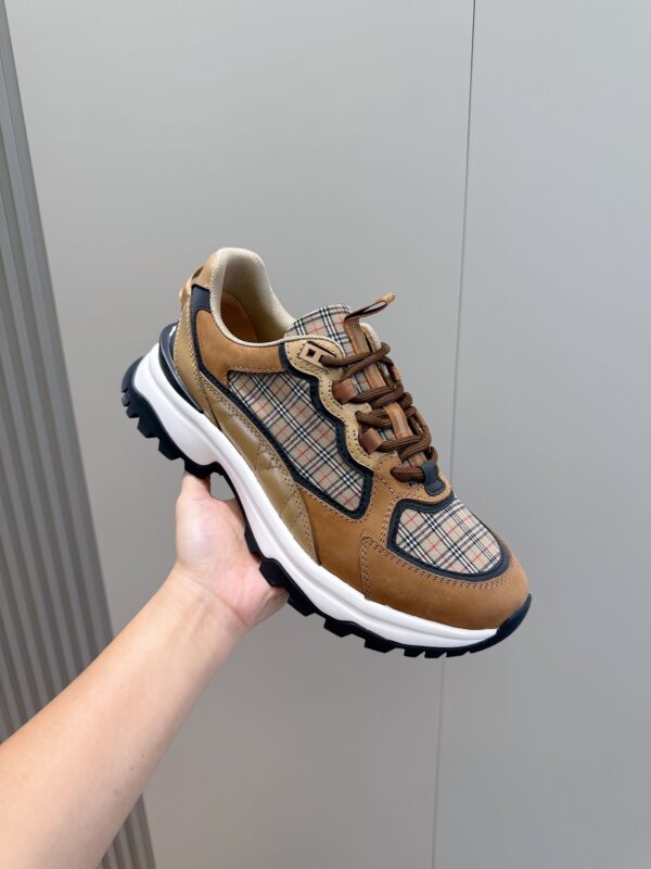 Burberry Vintage Plaid And Cowhide Leather Thick Soled Sneakers - Image 5