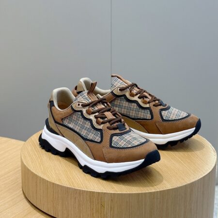 Burberry Vintage Plaid And Cowhide Leather Thick Soled Sneakers