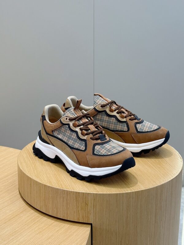 Burberry Vintage Plaid And Cowhide Leather Thick Soled Sneakers