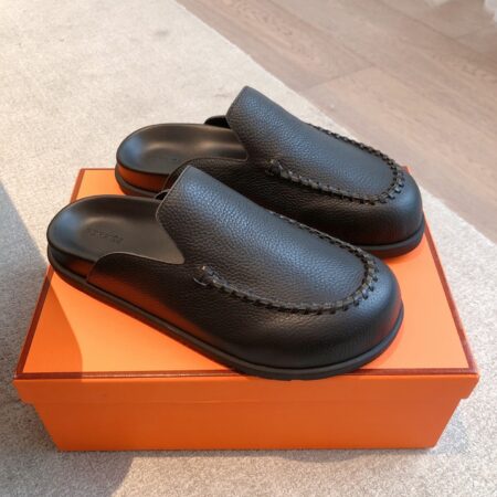 Hermes Couple Cowhide Leather Thick Soled Boken Casual Slippers
