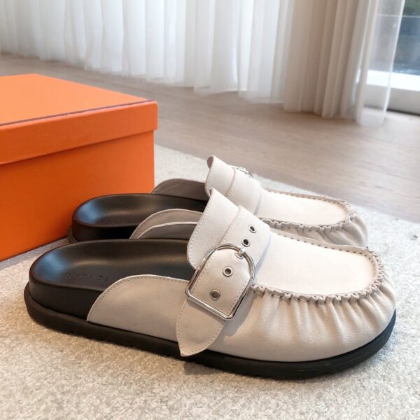 Hermes Couple Cowhide Leather Thick Soled Boken Slippers - Image 3
