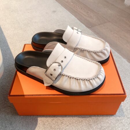 Hermes Couple Cowhide Leather Thick Soled Boken Slippers