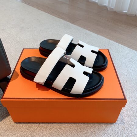 Hermes Couple Erjiu Cowhide Leather Color Blocked Casual Slippers
