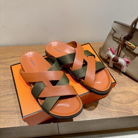 Hermes Couple Cowhide Leather Comfortable Casual Slippers