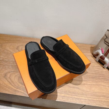 Hermes Couple's Full Cowhide Leather Toe Cap Casual Slippers