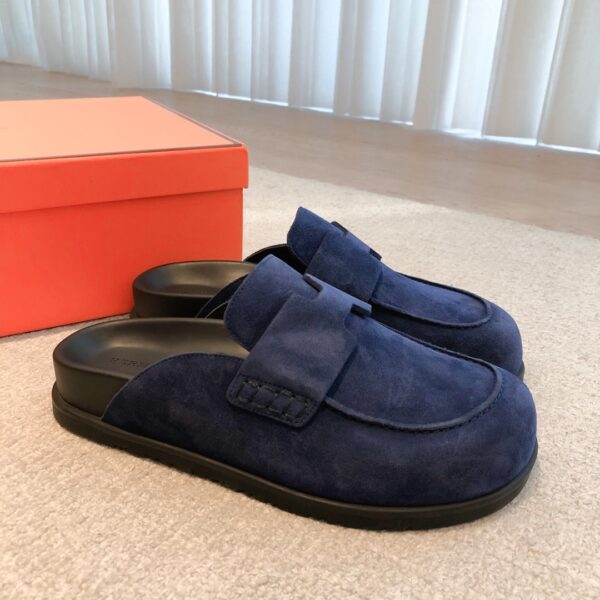 Hermes Couple's Suede Cowhide Leather Toe Cap Casual Slippers - Image 3