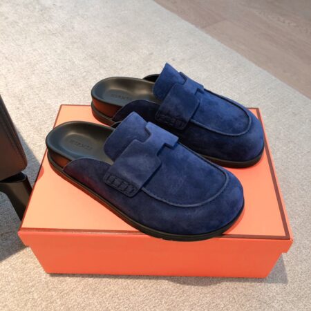 Hermes Couple's Suede Cowhide Leather Toe Cap Casual Slippers
