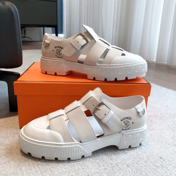 Hermes Denim Paired With Cowhide Leather Casual Sandals For Men And Women - Image 5