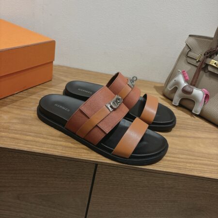 Hermes Couple's Spring And Summer Color Matching Cowhide Casual Slippers