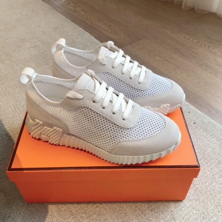 Hermes Couple's Breathable Mesh Fabric Cowhide Leather Casual Sport Shoes