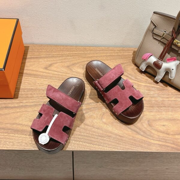 Hermes Couple's Spring And Summer Color Wooden Bottom Slippers - Image 5
