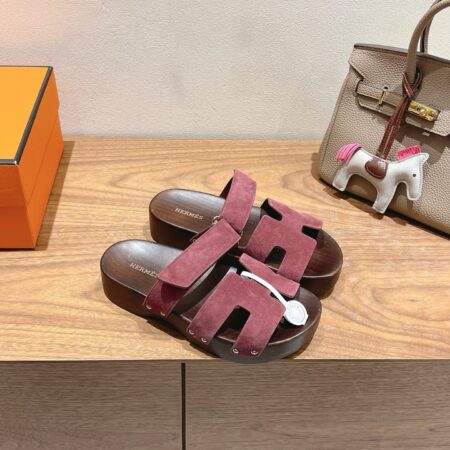Hermes Couple's Spring And Summer Color Wooden Bottom Slippers