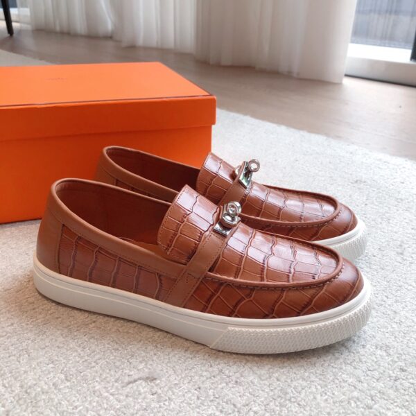 Hermes Couple's Crocodile Patterned Cowhide Leather Casual Sport Shoes - Image 3