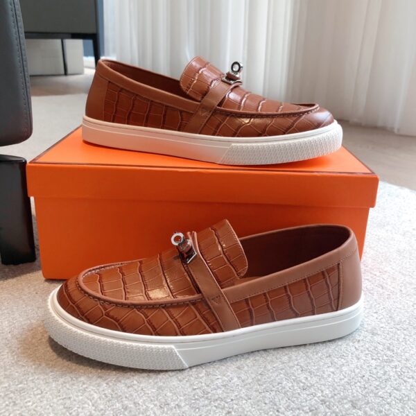 Hermes Couple's Crocodile Patterned Cowhide Leather Casual Sport Shoes - Image 5