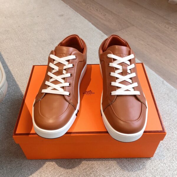 Hermes Couple's Cowhide Leather Lace Casual Sport Shoes - Image 2