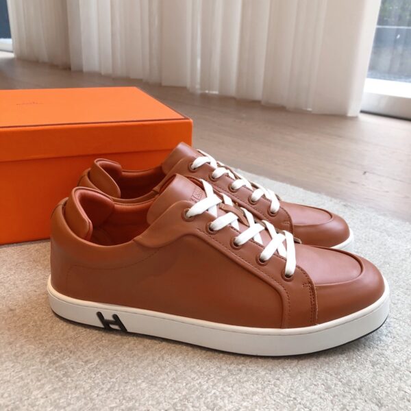 Hermes Couple's Cowhide Leather Lace Casual Sport Shoes - Image 3