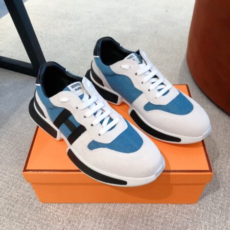Hermes Couple‘s Denim And Suede Cowhide Leather Casual Sport Shoes