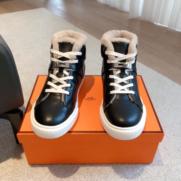 Hermes Couple‘s High Top Wool And Cowhide Leather Casual Sport Shoes - Image 2