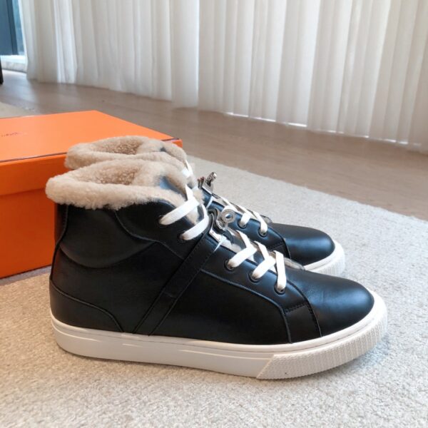 Hermes Couple‘s High Top Wool And Cowhide Leather Casual Sport Shoes - Image 3