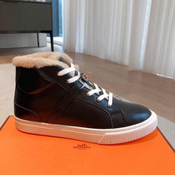 Hermes Couple‘s High Top Wool And Cowhide Leather Casual Sport Shoes - Image 4