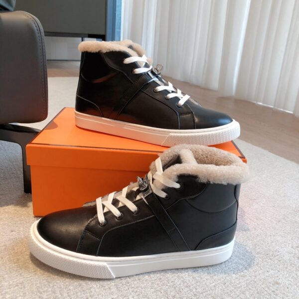 Hermes Couple‘s High Top Wool And Cowhide Leather Casual Sport Shoes - Image 5