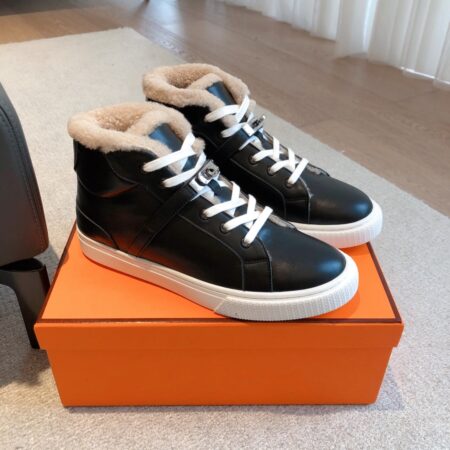 Hermes Couple‘s High Top Wool And Cowhide Leather Casual Sport Shoes